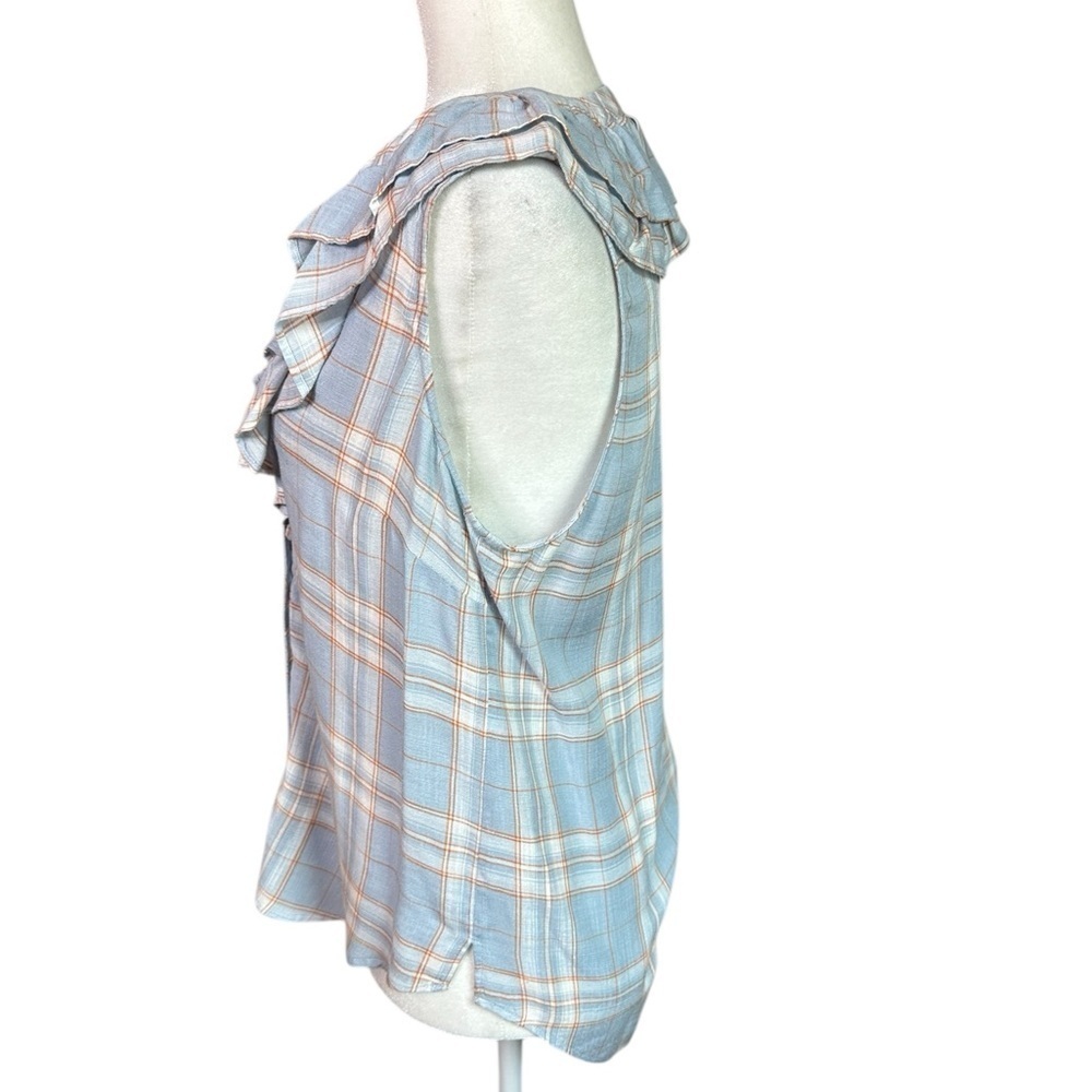 Veronica Beard Blue Plaid Ruffled Sleeveless Blouse Size M - Picture 4 of 6